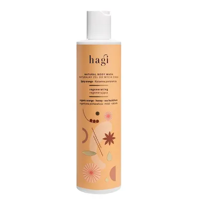 A bottle of Hagi Natural Body Wash with a spicy orange scent.
