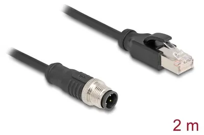 Produktbild von DeLOCK M12 Kabel D-kodiert 4 Pin Stecker zu RJ45 Stecker PVC 2 m, 2 m, Cat5e, S/FTP (S-STP), M12, RJ-45, Schwarz