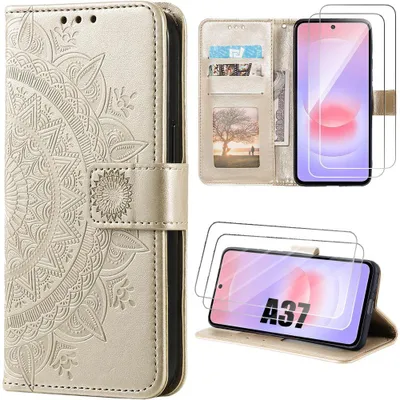 Image de Coque + 2 Verres Trempés pour Samsung Galaxy A37 5G, Cuir Synthétique Anti-Rayure Motif Floral Doré