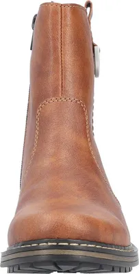 A close-up, front-facing view of a brown leather boot.