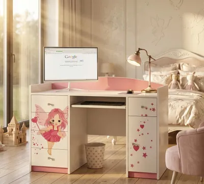 Obrázok produktu pre Detský písací stôl Happy Babies 125x89x60 PC stôl do detskej izby s odkladacou plochou na klávesnicu Dekoratívny počítačový stôl biely Ružový vzor, princezná