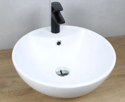 Produktbild von Keramik Waschbecken rund Ø455x185 weiß mit Überlauf Aufsatzwaschbecken mit Pop-Up Ablauf chrom