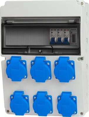 A white electrical distribution box with six blue 230V sockets and a transparent cover showing circuit breakers.