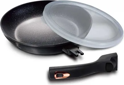 A frying pan with a lid and a detachable handle, presented on a white background.