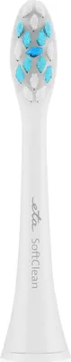 A close-up studio shot of a white electric toothbrush head with blue bristles.