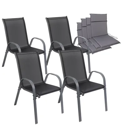 A set of four outdoor chairs and stacked cushions on a white background.