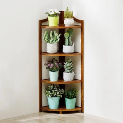 Image de Étagère d'angle en bambou, 4 niveaux, support pour plantes, bibliothèque, couleur marron