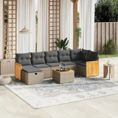 Produktbild von Design 8-tlg. Garten-Sofagarnitur mit Kissen Grau Poly Rattan, Gartenmöbel-Sets 2024 Neu