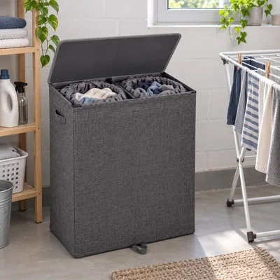 Productafbeelding van Wasmand met deksel, 160 liter – grote wasverzamelaar met 2 compartimenten. Grote waszak voor badkamer en slaapkamer, met afneembare compartimenten en handgrepen