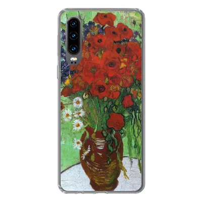 Produktbild von MuchoWow® Handyhülle Schutzhülle Hülle für Huawei P30 Vase mit roten Mohnblumen und Gänseblümchen - Vincent van Gogh Silikon Softcase Handy Hülle - Kartenbesitzer