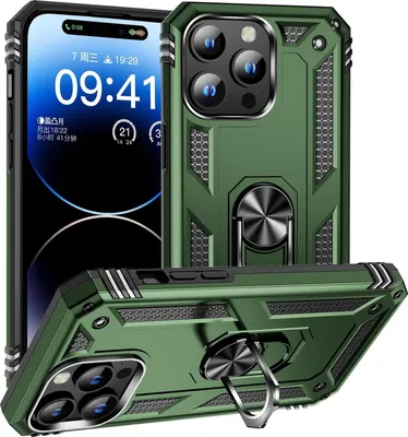Produktbild von Conie Outdoor Schutzhülle für iPhone 15 Pro Max Tasche Silikon Hard Case Cover Hülle mit Halter Ständer in Grün