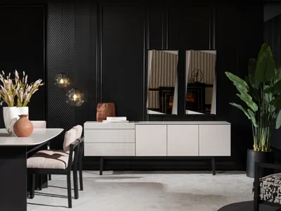 Produktbild von Weißes Holz Esszimmer Set mit Sideboard und Spiegel modern