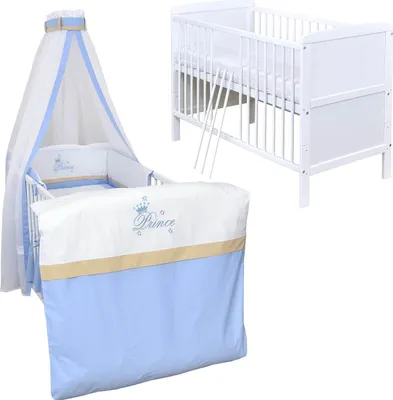 Produktbild von Baby-Delux Babybett Kinderbett Umbaubar 140x70 Weiß Bettset Komplett mit Motiv Prince