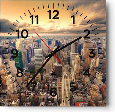 Produktbild von Wanduhr - Quadrat - Glasuhr - Stadt Wolkenkratzer Amerika Innenstadt - 30x30cm - Schleichendes Uhrwerk - Lautlos - zum Aufhängen bereit - Dekoration Modern - Wanddekoration aus Glas - C4AC30x30-2638
