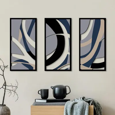 3er-Set Wanddekor Holz, Boho-Wandskulpturen, 40x20 cm, hellblau