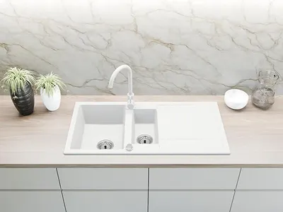 Produktbild von Granitspüle Spülbecken Küchenspüle Einbauspüle 100x50 cm 2 Becken mit Abtropffläche mit Armatur, Farben:Weiß