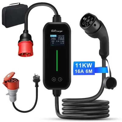 Zdjęcie produktu dla Przenośna stacja ładowania pojazdów elektrycznych 11 kW (16 A, kabel 6 m) – typ 2, IP65, planowanie ładowania, kompatybilna z Porsche, Tesla, BMW, Mercedes