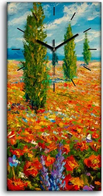 Produktbild von Wohnzimmer-Bild Leinwand Uhr Geräuschlos Kunstdruck 30x60 Blumen wiese Malerei - schwarze Hände