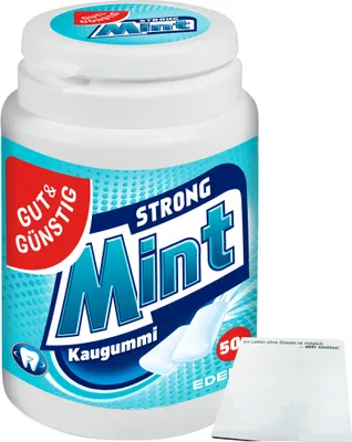 Produktbild von Gut & Günstig Kaugummi Peppermint Strong Mint zuckerfrei (50 Stk. Dose) + usy Block