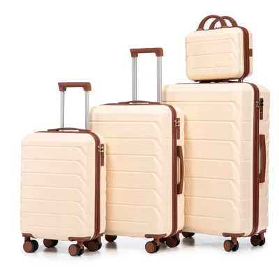 Produktbild von Hartschalenkoffern 4-teiliges mit integriertes Zahlenschloss, Kosmetiktasche, seitliche Griffe und Schutzfüße, ABS-Material, Beige