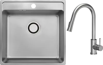 Produktbild von VBChome Edelstahlspüle mit Armatur 49x48x21 cm Inox Glatt Edelstahl Einbauspüle mit Hahnloch Groß Becken Siphon Armatur Inox mit ausziehbarem Auslauf