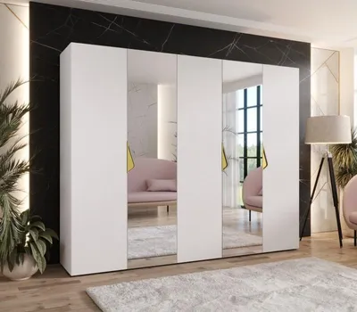 Produktbild von Breiter Kleiderschrank 250 cm AMARIS 2 mit Spiegel - weiß / goldene Griffe