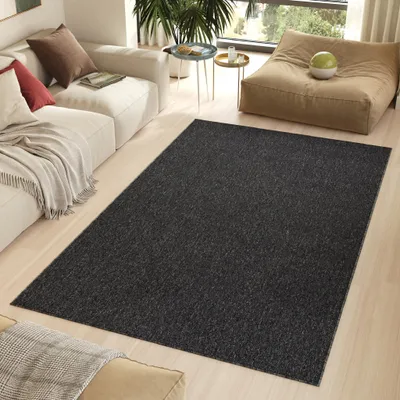 A living room scene with a sofa, rug, and beanbag chair.