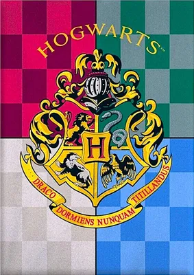 The Hogwarts crest is displayed on a checkered background, representing the four houses of Hogwarts.