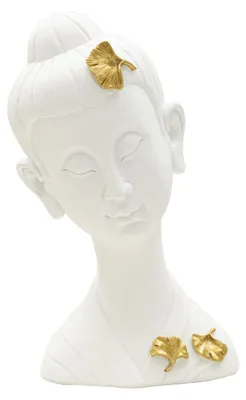Produktbild von Skulptur weiblicher Buddha-Kopf aus weißem Kunstharz mit goldenen Blattdetails