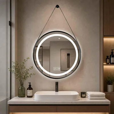 Produktbild von AIORBER LED Badspiegel Rund mit Beleuchtung Anti-Beschlag Wandspiegel Touch Dimmbar Deko Spiegel mit Riemen 60cm Schwarz