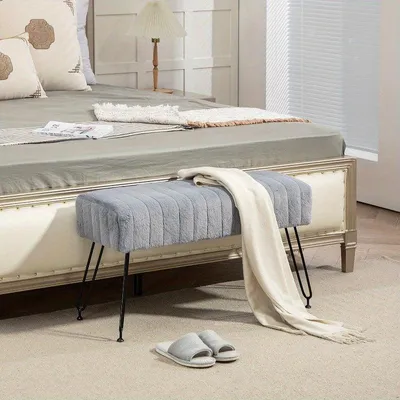 Immagine prodotto di Panca per scarpe con spazio contenitore – Panca per l'ingresso – Panca imbottita con rivestimento in ecopelliccia – Gambe in metallo grigio, dimensioni 82x30x47 cm