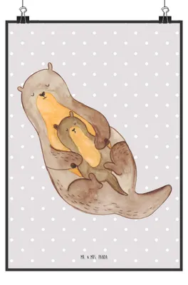 Produktbild von Mr. & Mrs. Panda Bild Otter Kind DIN A4 - Grau Pastell - Geschenk, Sohn, Plakat, Familie, drucke, Geburt, wanddeko, Mutter, Baby, Wandschmuck, Wandbild