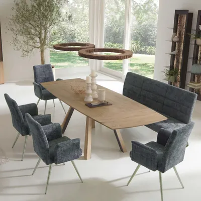 Produktbild von Esszimmer-Set HWC-G55, 4er-Set Stuhl mit Armlehne+Sitzbank 180cm, Edelstahl gebürstet Stoff/Textil Chenille  blau-grün