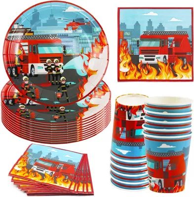 Imagen del producto de Juego de vajilla de papel con temática de bomberos, 40 piezas, incluye platos de papel, vasos y servilletas para 10 personas, ideal para
