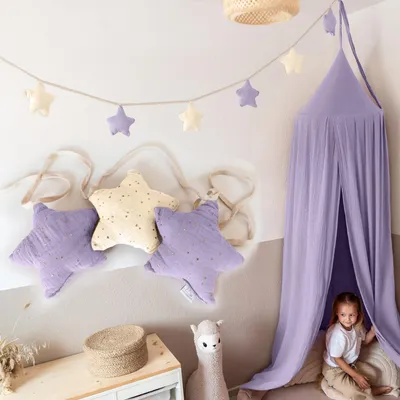 Productafbeelding van Sterrenslinger crème & lila met gouden applicatie - stoffen slinger 3 m