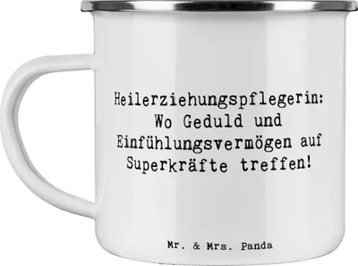 Produktbild von Mr. & Mrs. Panda Teetasse Spruch Heilerziehungspflegerin Superkräfte - Weiß - Geschenk, Emaille Tasse, Berufsgestaltung, Teebecher, Einfühlungsvermögen, Pott, Geduld