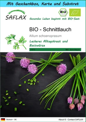 Produktbild von SAFLAX Geschenk Set - BIO - Schnittlauch - Allium schoenoprasum - 250 Samen - Mit Geschenkbox, Versandaufkleber, Geschenkkarte und Anzuchtsubstrat