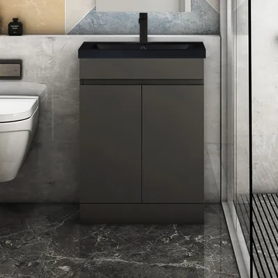Produktbild von Badmöbel set 60cm Anthrazit Matt Badezimmermöbel Unterschrank mit Schwarz Mineralguss Waschtisch,Badschrank mit 2 Türen,Selbstmontierter Unterschrank,Standschrank