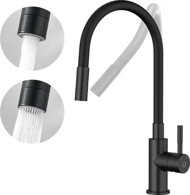 A black kitchen faucet with two inset circular views showing different water spray patterns.