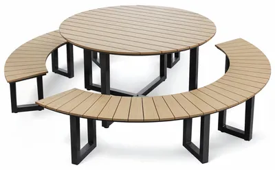 Produktbild von di volio Gartenmöbel Set PORTOFINI - Beige, Sitzgruppe outdoor mit rundem Tisch und Sitzbänken, Esstisch mit stühlen aus wetterfestem PS-Board