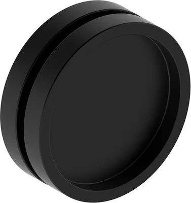 A black, round door handle with a groove in the middle, shown at an angle against a white background.