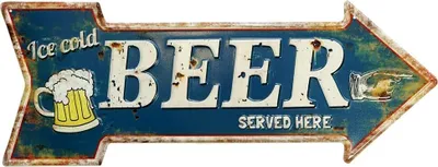Produktbild von Vintage Blechschild Ice cold BEER SERVED HERE Wegweiser Bier Geprägt 50x19cm