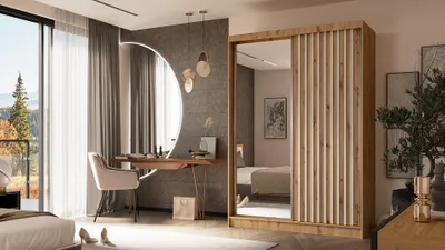 Produktbild von ALTDECOR Kleiderschrank mit Spiegel und Schiebetüren, kugelgelagerte Führungsschienen und Aluminium-Leisten - LAMELO - 150 cm - Artisan/Artisan/Weiß
