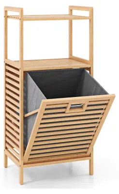 A wooden laundry basket with two shelves and a flip-down front.