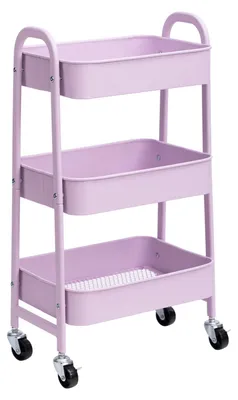 Image de Chariot de service en métal à roulettes, 3 étages, chariot de cuisine, chariot de bricolage, chariot de rangement pour le salon, la chambre, la salle de bains, le bureau, violet clair