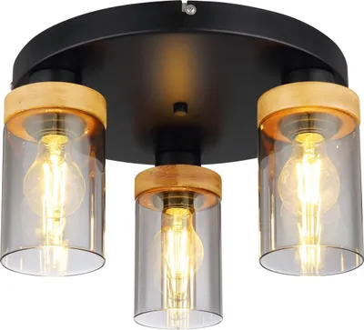 Produktbild von Globo Lighting Deckenleuchte Metall schwarz matt, Holz dunkelbraun, Glas rauchfarben, ø: 390mm, H: 210mm, exkl. 3x E27 40W 230V