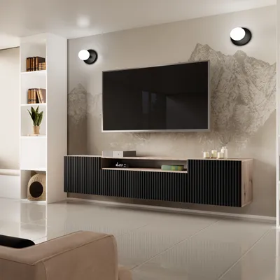 Produktbild von TV-Schrank Fernsehschrank TV-Lowboard 200 cm vertikal gefräste Fronten modernes Design dreitürig Wohnzimmer Wandmontage (Farbe: artisan, schwarz)