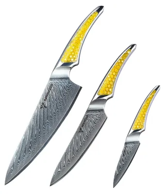 Produktbild von Damast-Messerset – 3-teilig: Küchenmesser und Kochmesser mit Griff aus Harz – Professionell