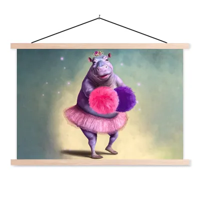 Produktbild von MuchoWow® Textilposter Nilpferd - Blumen - Ballerina - Pompons - Porträt - Kinder 120x80 cm mit holzfarbenen Rahmen - Aufhängeset