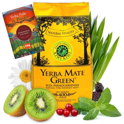 Immagine prodotto di Yerba Mate Green KIWI-KIWI Tè brasiliano Mate 400 g e El Pajaro 50 g - tè Mate fruttato con kiwi 3%, - Yerba Mate essiccato all'aria
